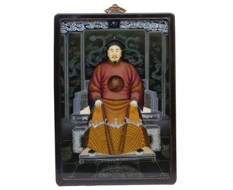 Chinese School (19th Century), Portrait of a dignitary, reverse painting on glass, mounted within an ebonised frame, the whol