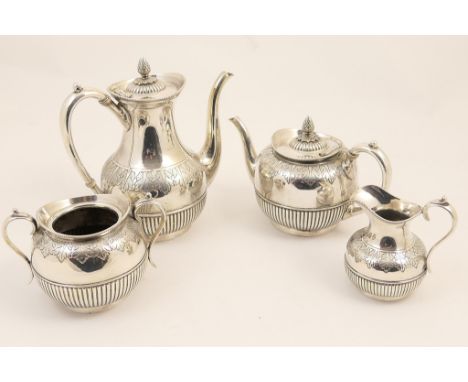 Late Victorian or Edwardian silver plated four piece tea and coffee service, circa 1900-10, comprising coffee pot, 23.5cm, te