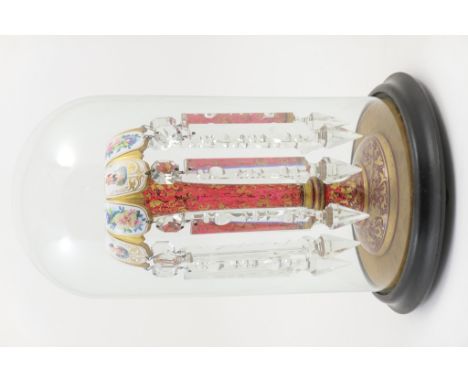 Victorian red and white overlay glass lustre, the everted white overlay rim decorated with winged cherubs and floral bouquets