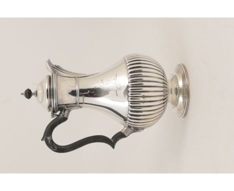 Edwardian silver hot water jug by James Dixon & Sons, Sheffield 1906, pear shaped with hinged cover surmounted with an ebony 