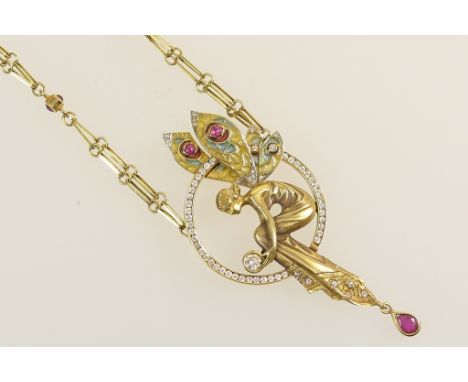 Attributed to Masriera, a fine 18ct gold plique a jour, ruby and diamond fairy pendant necklace, worked as a seated fairy wit