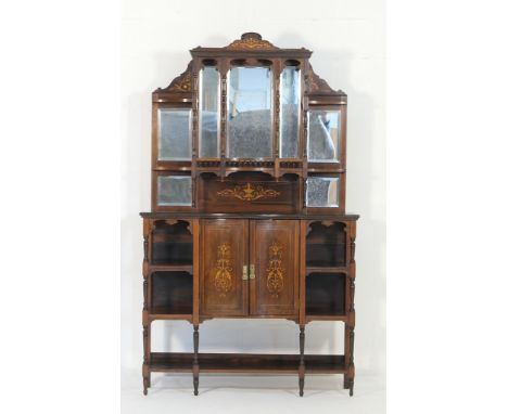 Late Victorian rosewood and inlaid salon cabinet in the Sheraton Revival style, circa 1890, the back with multiple bevelled g