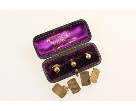Pair of 9ct gold engine turned and polished chain cufflinks, weight approx. 10.8g; and three 18ct gold shirt studs in origina