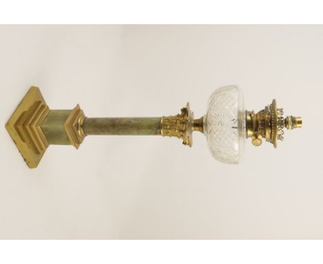 Brass and green onyx Corinthian column oil lamp (converted to electricity), having a cut clear glass tank and part of the ori