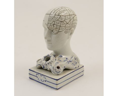 Staffordshire pearlware phrenology head inkstand, 19th Century, with black print around the head, blue detail around the moul