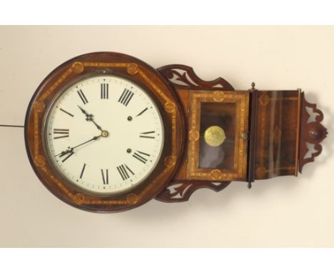 Victorian rosewood and inlaid drop trunk wall clock, 29cm painted dial with Roman numerals, bordered with tesserae inlays, th