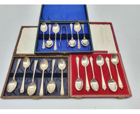Set of six silver tea spoons with arched finials Birmingham 1948, another set initialled 'R' Sheffield 1953 and another set o