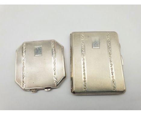 Ladies engine turned silver cigarette case initialled 'A.A.' 8cm x 6cm Birmingham 1943 and a matching compact, 1942 Maker Jos