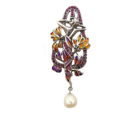 Silver plique-a-jour, ruby and pearl Art Nouveau style pendant brooch, stamped 925 - Condition Report length = 65mm 