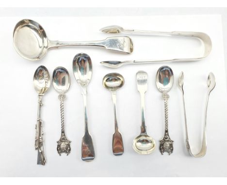 George III silver fiddle pattern toddy ladle London 1781, William IV long handled mustard spoon, silver Lee-Metford rifle spo