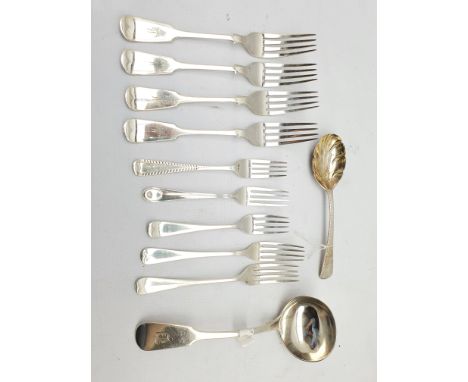 Four late Victorian silver fiddle pattern dessert forks Sheffield 1894 Maker Joseph Round, William IV silver sauce ladle Lond