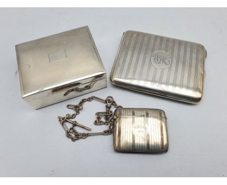 Small engine turned silver cigarette box 8cm x 7cm Birmingham 1958, silver cigarette case Birmingham 1913 and a silver vesta 