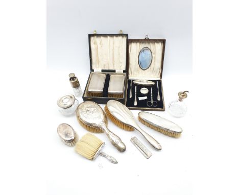 Pair of gentlemans engine turned silver backed hair brushes Birmingham 1958 with inscription, cased, set of silver manicure i