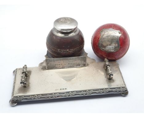 Edwardian silver inkstand with inkwell in the form of a cricket ball and with presentation plaque W18cm Birmingham 1907 Maker