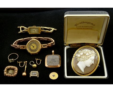 Two 9ct gold manual wind wristwatches, hallmarked, both on gold expanding straps stamped 9ct, pinchbeck cameo broochgold earr