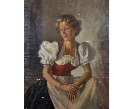 John Thomas Young Gilroy (1898-1985) British. Portrait of a Young Lady, Wearing a Tyrolean Costume, Oil on Canvas, Signed and