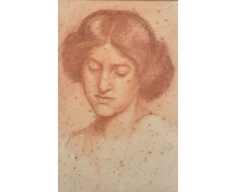 Circle of Edward Robert Hughes (1851-1914) British. Bust Portrait of a Young Lady, Red Crayon, Signed with Initials 'O.A.B' a