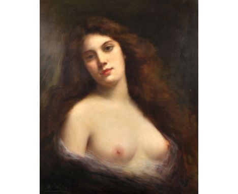 Angelo Asti (1847-1903) Italian. Bust Portrait of an Auburn Haired, Naked Young Lady, Oil on Canvas, Signed, 26" x 21.5".