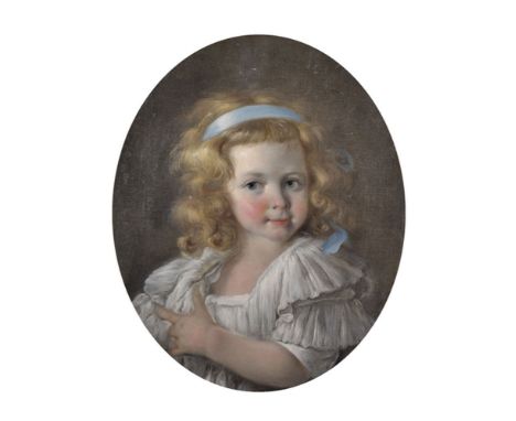 18th Century French School. Portrait of a Young Girl, Wearing a White Dress, with a Blue Sash and Hair Band, Oil on Canvas, b
