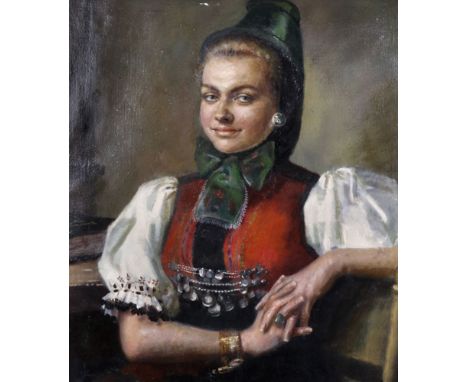 John Thomas Young Gilroy (1898-1985) British. Portrait of a Young Lady, Wearing a Tyrolean Costume, Oil on Canvas, Signed, 30