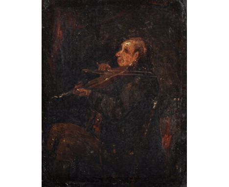 19th Century English School. A Man Seated Playing a Violin, Oil on Board, Unframed, 5.5" x 4.24".