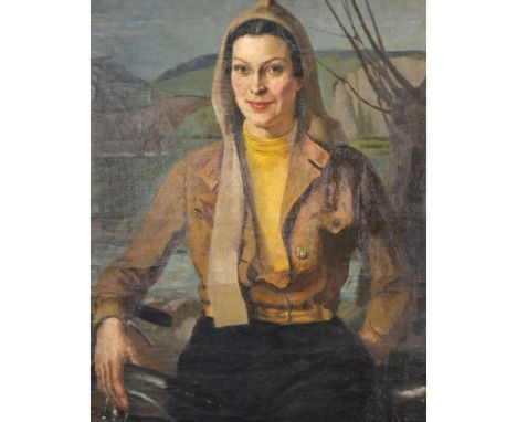 John Thomas Young Gilroy (1898-1985) British. Portrait of a Lady, wearing a Flying Jacket and Hat, Seated in a Landscape, Oil