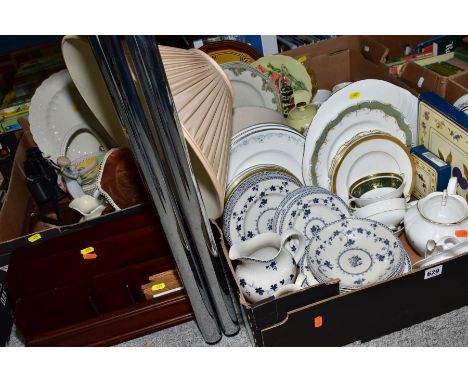 THREE BOXES AND LOOSE CERAMICS, GLASSWARE, TREEN ETC, to include a modern letter rack, Royal Doulton Yorktown part dinner ser