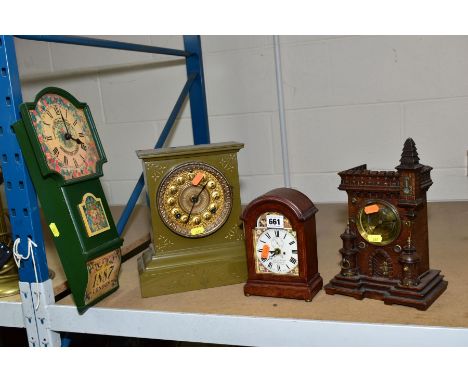 A COLLECTION OF THREE MANTLE CLOCKS AND A WALL CLOCK, including a carved wood clock in the form of a castle roman numerals on