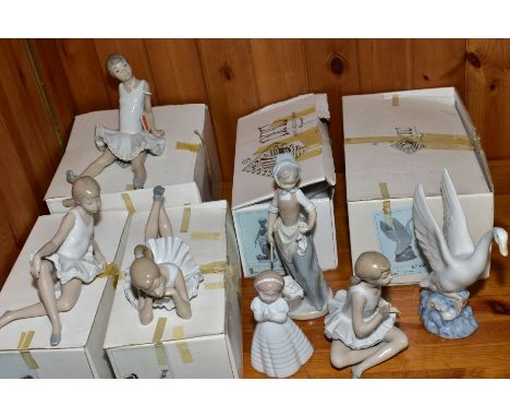 SEVEN  NAO FIGURES, comprising 'Amusing Ballet' No 148, boxed, 'Pensive Ballet', No 149, boxed 'Reclining Ballerina' No 150, 