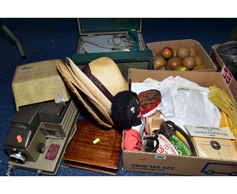 TWO BOXES AND LOOSE SUNDRY ITEMS, to include Panama hats, Aldis 303 slide projector, a Webcor Lark record player (green), var