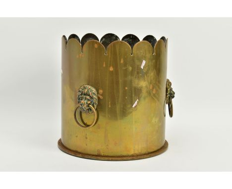 LARGE BRITISH WWI SHELL CASING MARKED APRIL 1917, cut off and fashioned into a planter/jardinière, three handles attached wit
