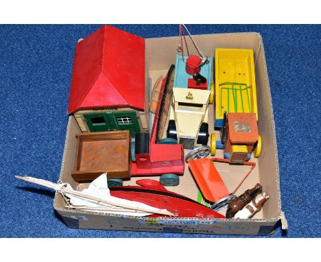 A QUANTITY OF WOODEN TOYS, to include a Grace Toys Breakdown lorry, complete with working crane (replacement string) and dumm