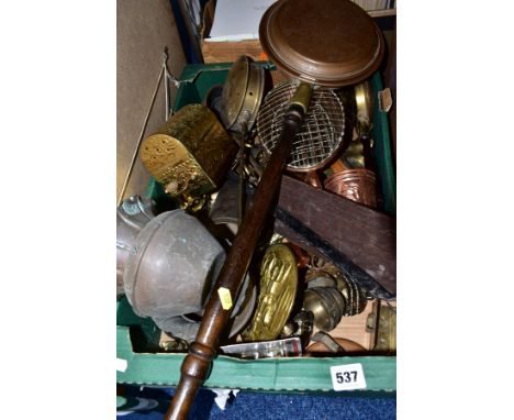 A BOX OF METALWARES AND FIVE PICTURES, to include a twentieth century unsigned watercolour of a coastal scene, copper and bra
