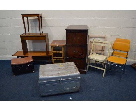 A FOUR DRAWER HABERDASHERY CABINET (alterations) together with a mahogany three drawer filing cabinet, teak coffee table, pia