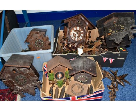 CLOCK RESTORATION INTEREST to include three boxes of cuckoo clocks and clock parts including bellows units, weights and pendu