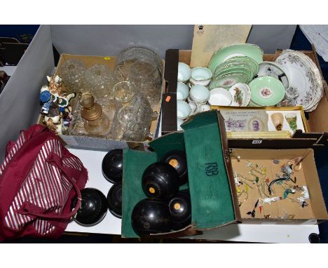 THREE BOXES OF GLASSWARE AND CERAMICS AND TWO BAGS OF CROWN GREEN BOWLING BALLS, small glass animal figures, incomplete tea s