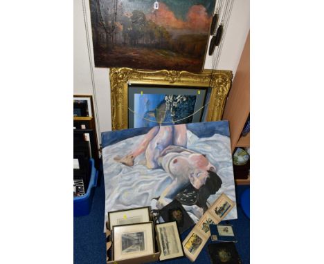 PAINTING AND PRINTS ETC, to include an early 20th century sunset over a woodland, unsigned oil on re-lined canvas, unframed s