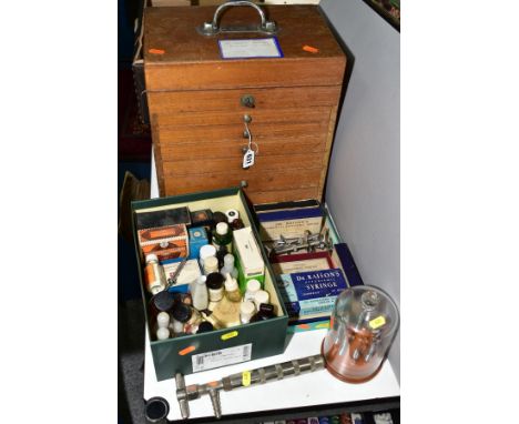 A MID 20TH CENTURY STUDENTS DENTAL TOOL BOX, hinged lid opening to reveal compartments, six drawers below, with contents, hei