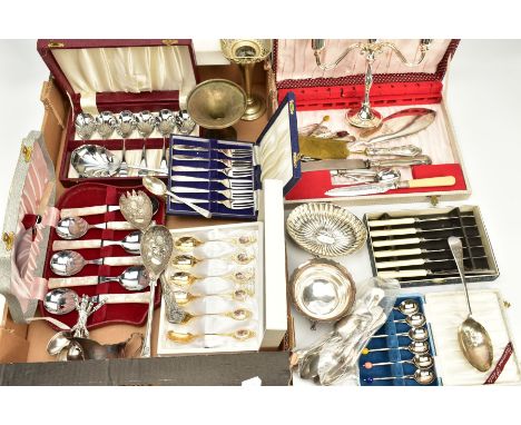 A QUANTITY OF METALWARE, to include two George III spoons, hallmarked Birmingham, two Georgian pickle forms hallmarked Sheffi