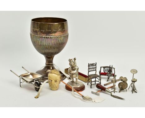 A GEORGE III SILVER PEDESTAL CUP AND OTHER ITEMS, the silver cup engraved 'Margaret my love for 25 years, and more' height 17