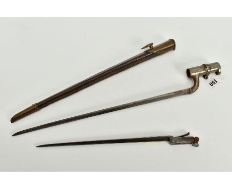 TWO MILITARY BAYONETS AS FOLLOWS: small triangular shape blade, approximate length 31cm in length and fitted to a weapon by w