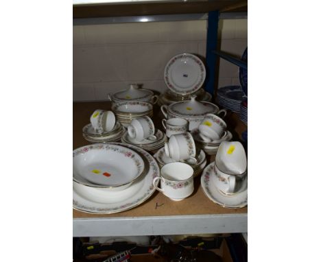A ROYAL ALBERT BELINDA DINNER AND COFFEE SERVICE, including two twin handled serving dishes and covers, six dinner plates, si