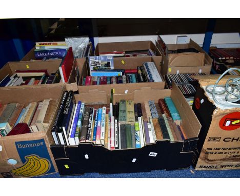 EIGHT BOXES AND LOOSE, of books, CD's and vinyl records with a boxed Chinon dual 8 fully automatic projector, books been most