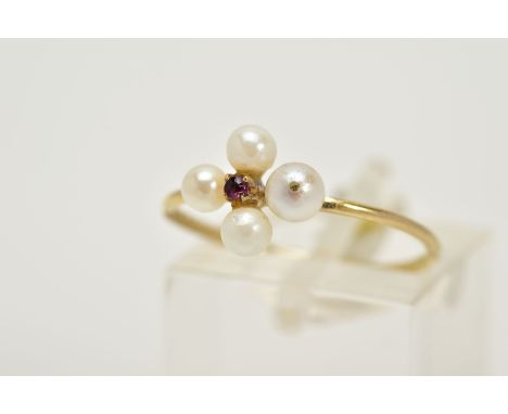 A 9CT GOLD RUBY AND PEARL RING, set with a central circular cut ruby within a four cultured pearl surround, 9ct gold London i