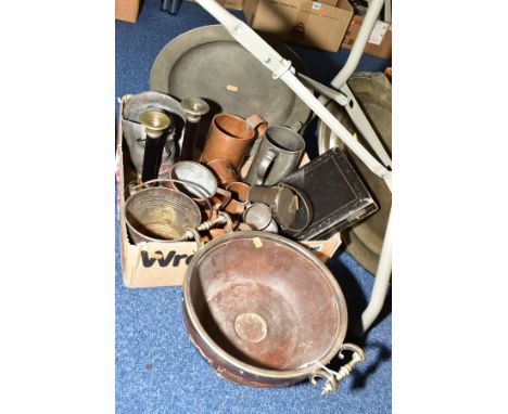 A BOX AND LOOSE METALWARES, etc, to include a pair of Gunther Lambert Collection candlesticks, 'R Higgs &amp; Sons Dairy Farm