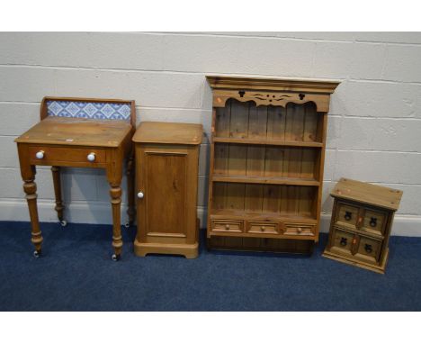 A VICTORIAN PINE WASHSTAND, with a blue tile back and a single drawer on ceramic casters, together with a Victorian pine pot 