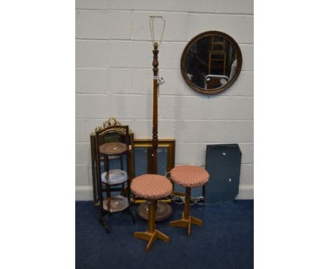 AN OAK OCTAGONAL FOLDING CAKE STAND, together with two light oak stools, standard lamp and five various wall mirrors (9)