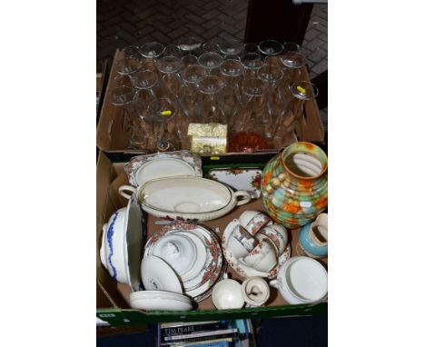 TWO BOXES OF CERAMICS AND GLASS, to include Crown Ducal 1211 orange tree pattern tea/dinner wares (as found), Royal Albert 'O