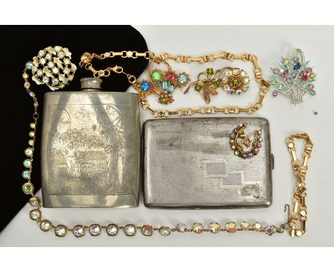 A PEWTER HIP FLASK, CIGARETTE CASE AND SMALL QUANTITY OF COSTUME JEWELLERY, the pewter hip flask decorated with golfing scene