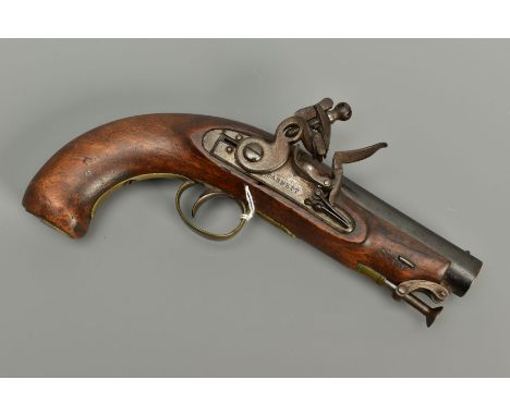 A 16 BORE FLINTLOCK REVENUE CUSTOMS SERVICE ISSUE PISTOL CIRCA 1800, fitted with a round flat topped 6 inch barrel which bear